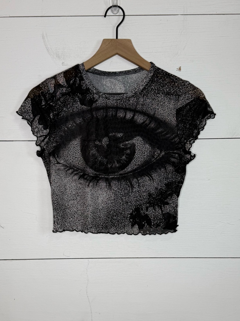 SHEIN • Black Eye-Print Mesh Crop Top Size Large